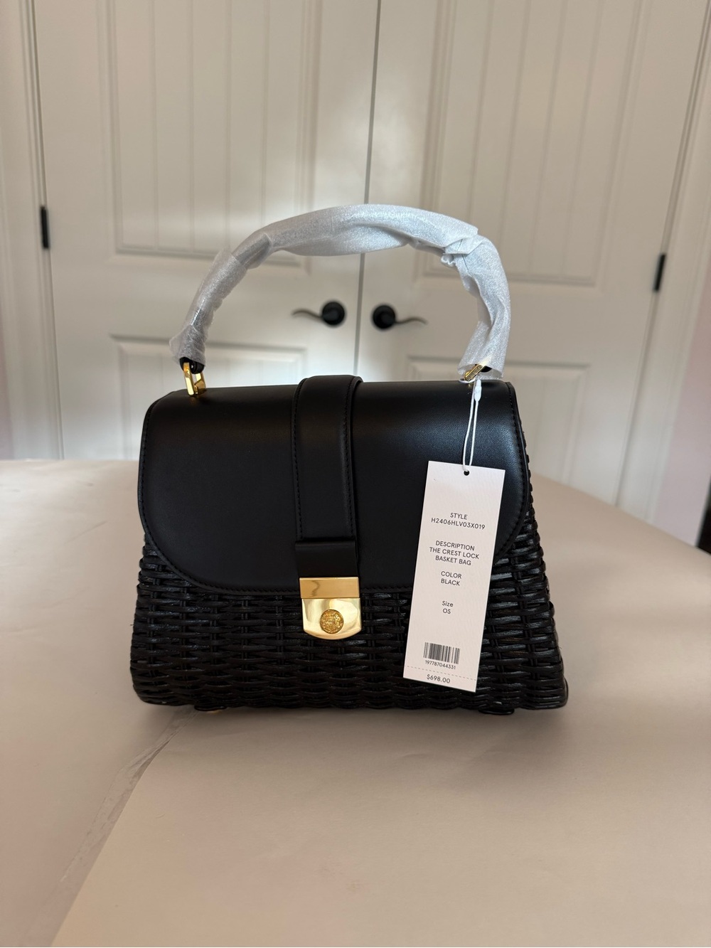 Veronica Beard Black Woven Top-Handle Basket Bag with Gold Crest Hardware - Picture 3 of 15